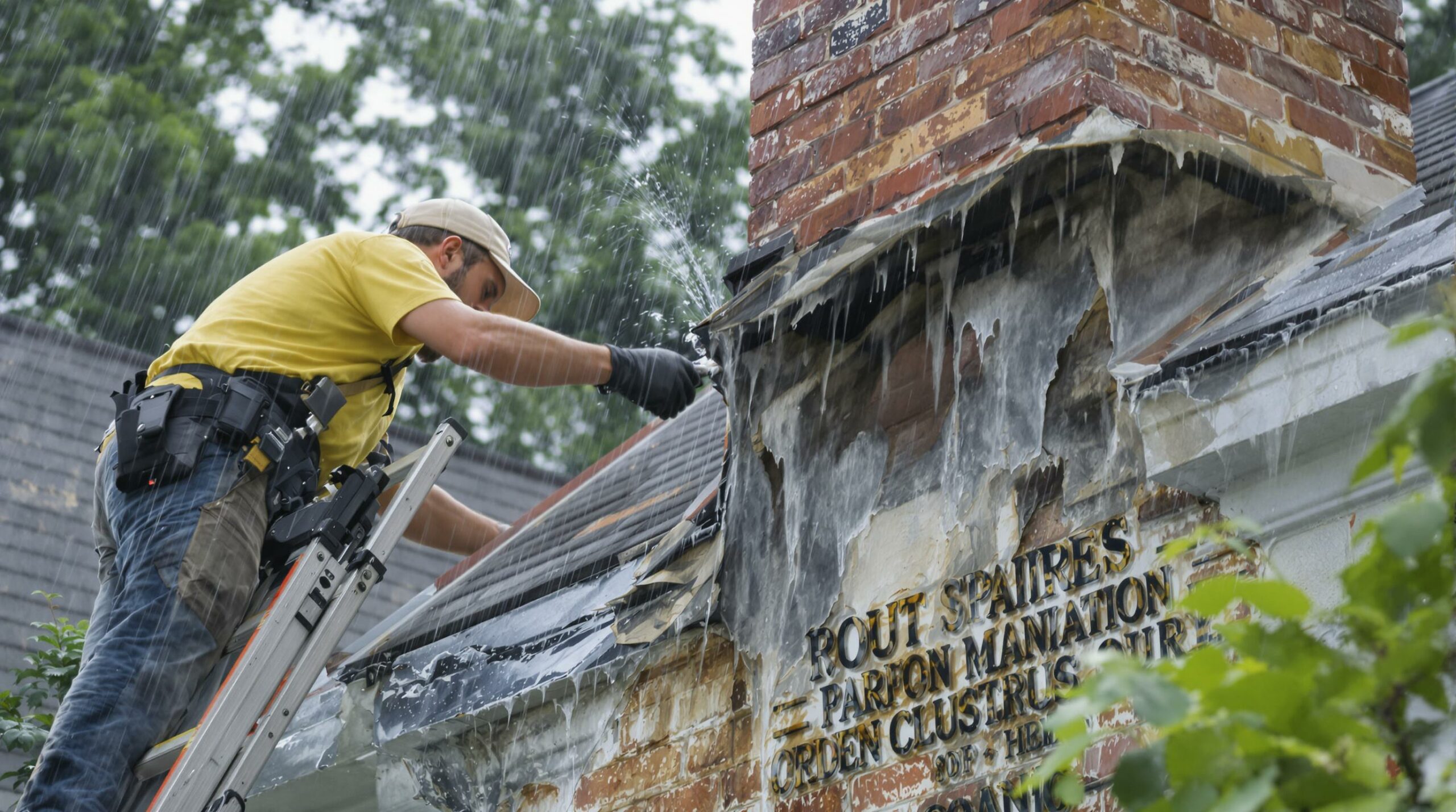 Worker cleaning a chimney in the rain.
