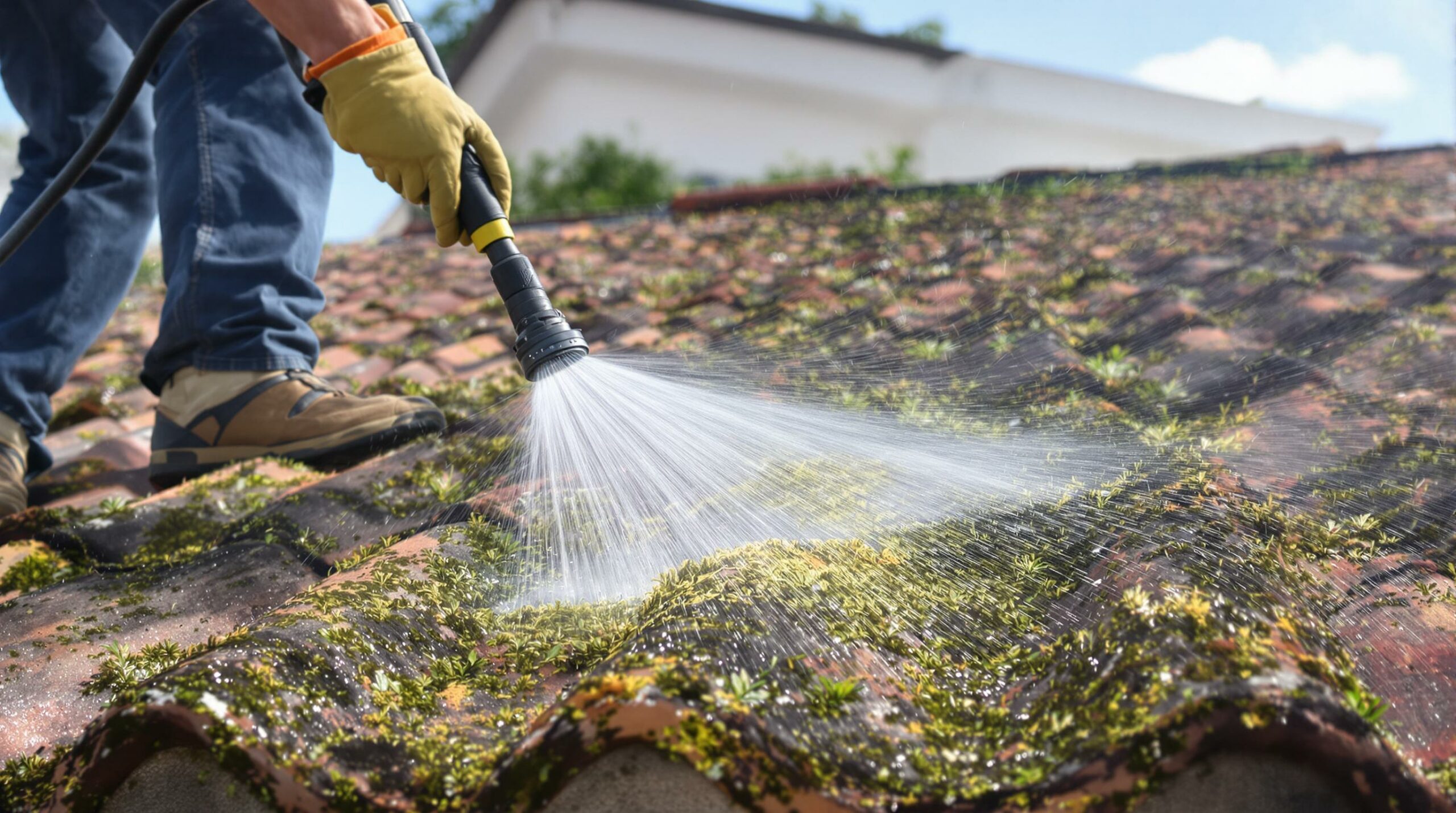 Pressure washing a mossy roof