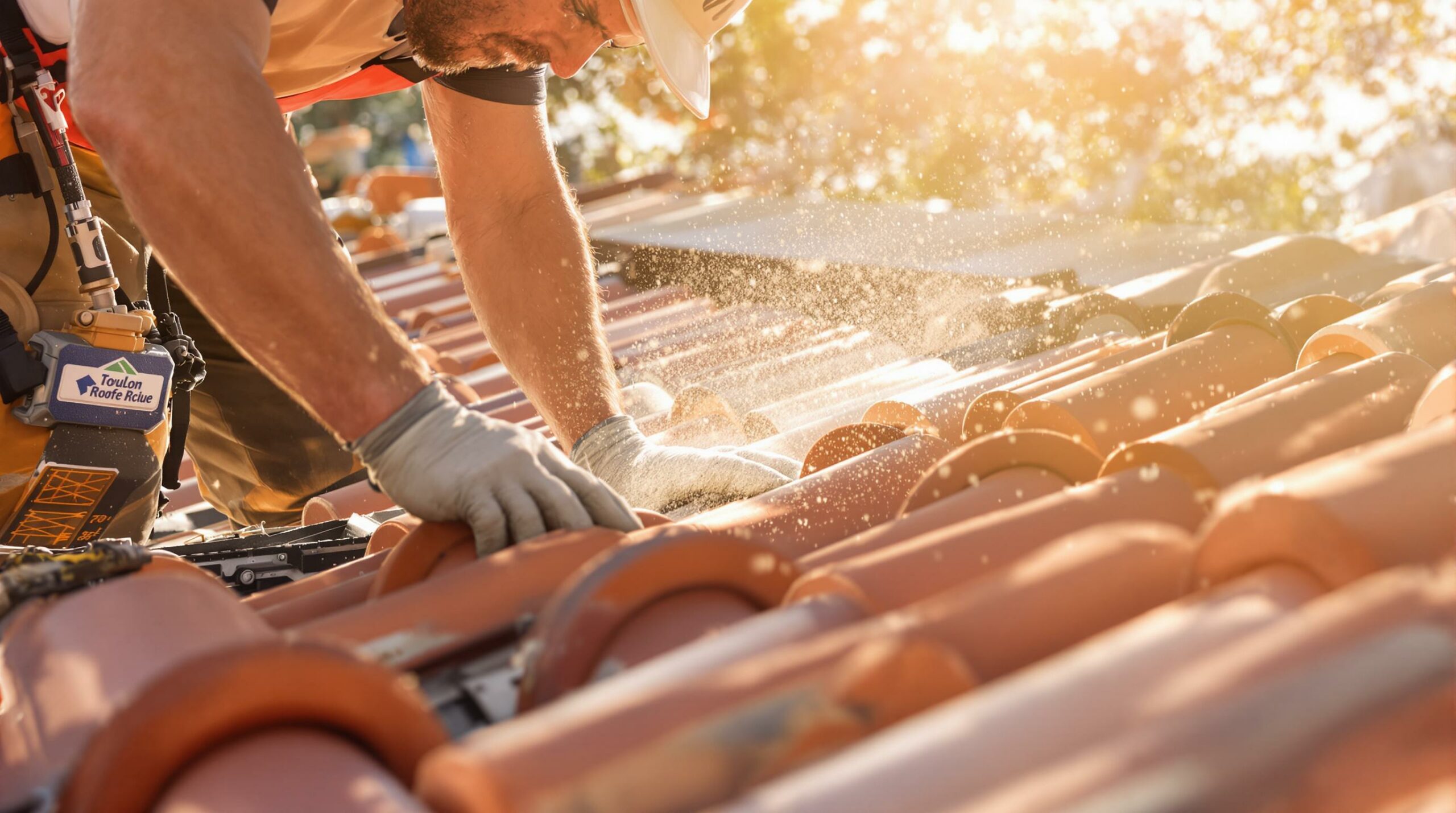 Roofer repairing a tile roof
