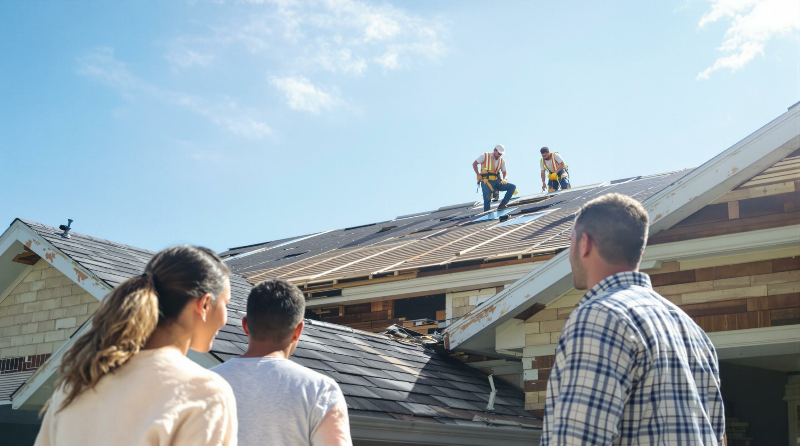 Roofers working on a house roof under supervision.