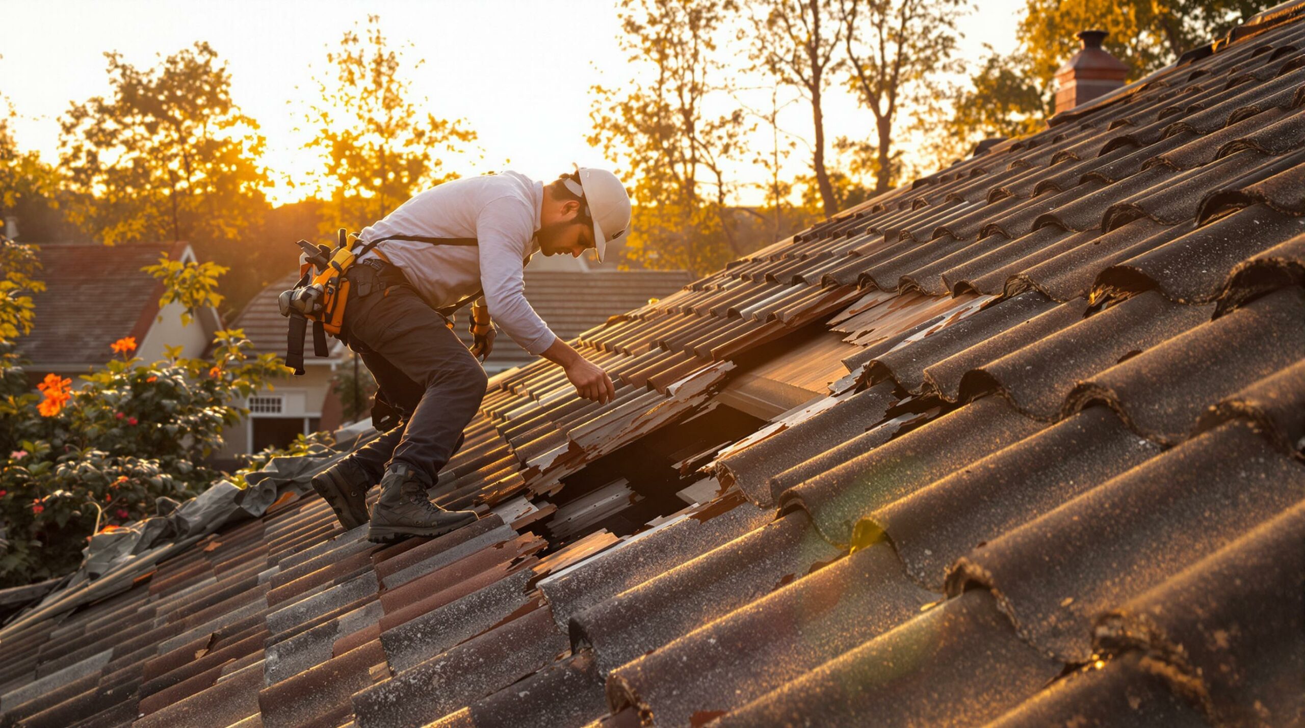 Roofer repairing damaged roof tiles.