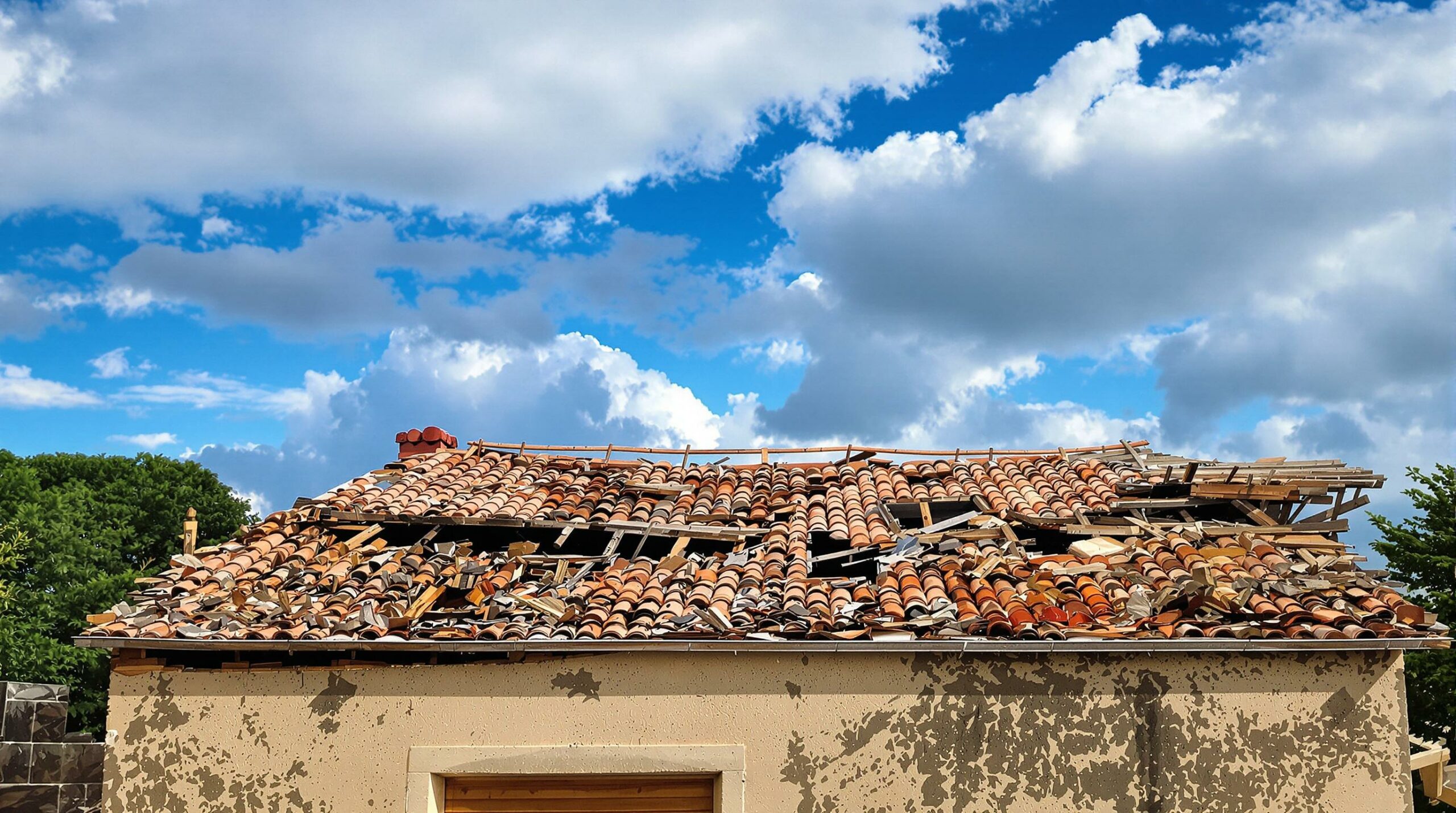 Damaged roof with missing tiles